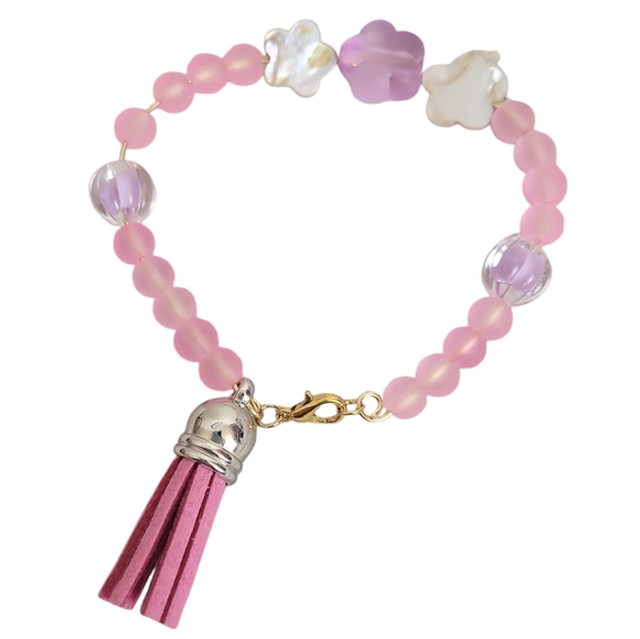 Pink Frosted Glass Mother Of Pearl Flower Bracelet - Picture 2 of 3